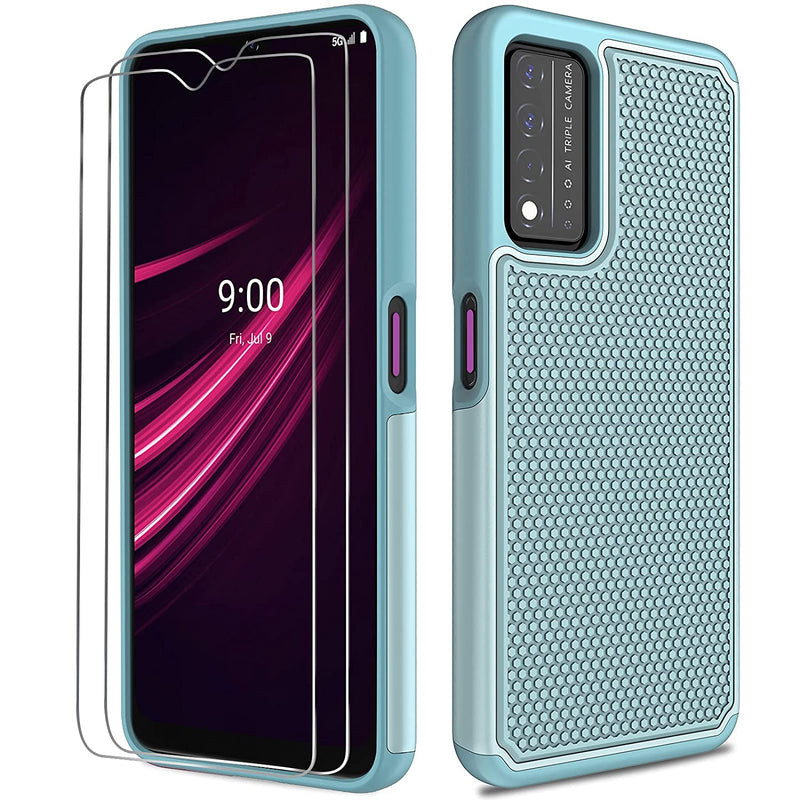 T Mobile Revvl V 5G Case Heavy Duty Shockproof Protective Phone Case 2 Tempered Glass Screen Protector Anti Slip Textured Hard Cover Soft Silicone Rubber Bumper Military Armor Case Teal