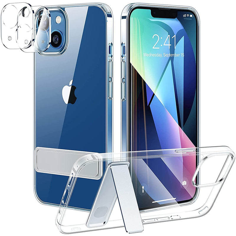 2 Pack Camera Len Protector For Iphone 13 Case With Stand 3 Way Stand 10Ft Military Drop Shockproof Hard Pc Back And Soft Tpu Bumper Slim Fit Kickstand Case For Iphone 13 6 1 Crystal Clear