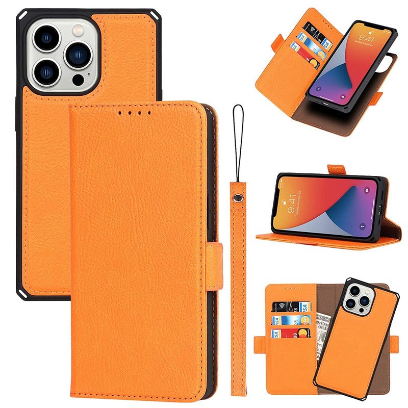 Jaorty 2 In 1 Magnetic Detachable Wallet Case For Iphone 13 Pro Max Pro Max Wireless Charging Card Slots Holder Genuine Leather Kickstand Shockproof Wrist Lanyard Strap Removable Cover 6 7 Orange