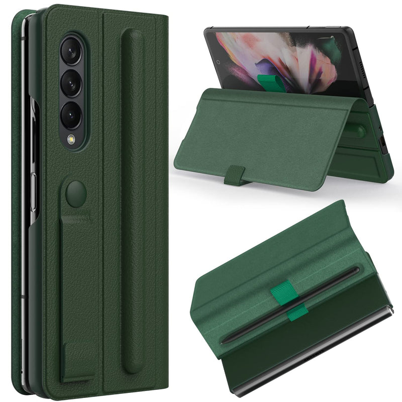 Cenmaso Samsung Galaxy Z Fold 3 Case With S Pen Holder Z Fold 3 5G Case With Kickstand Luxury Leather Shockproof Protective Case For Galaxy Z Fold 3 Green
