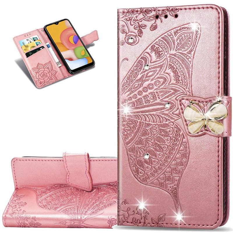 Lemaxelers Samsung Galaxy A02S Case Bling Diamond Butterfly Embossed Wallet Flip Pu Leather Magnetic Card Slots With Stand Cover For Samsung Galaxy A02S Diamond Butterfly Rose Gold Sd