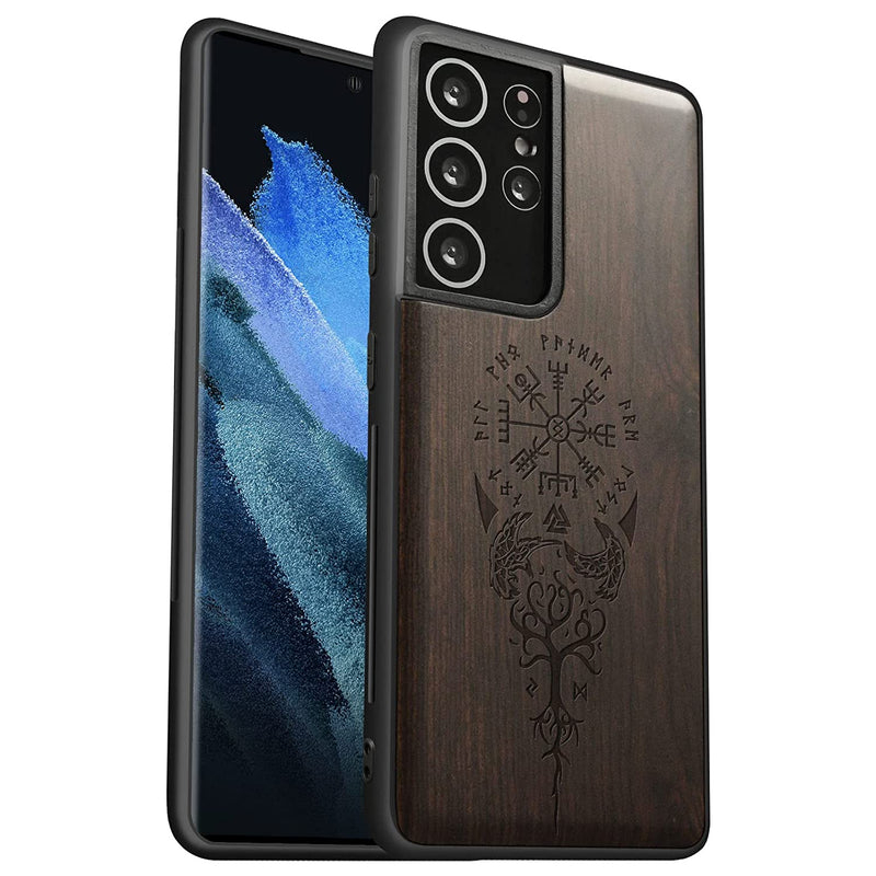 Carveit Wood Case For Galaxy S21 Ultra Case Hard Real Wood Soft Tpu Shockproof Protective Cover Unique Classy Wooden Case Compatible With Samsung S21 Ultra 5G Viking Compass Vegvisir Blackwood