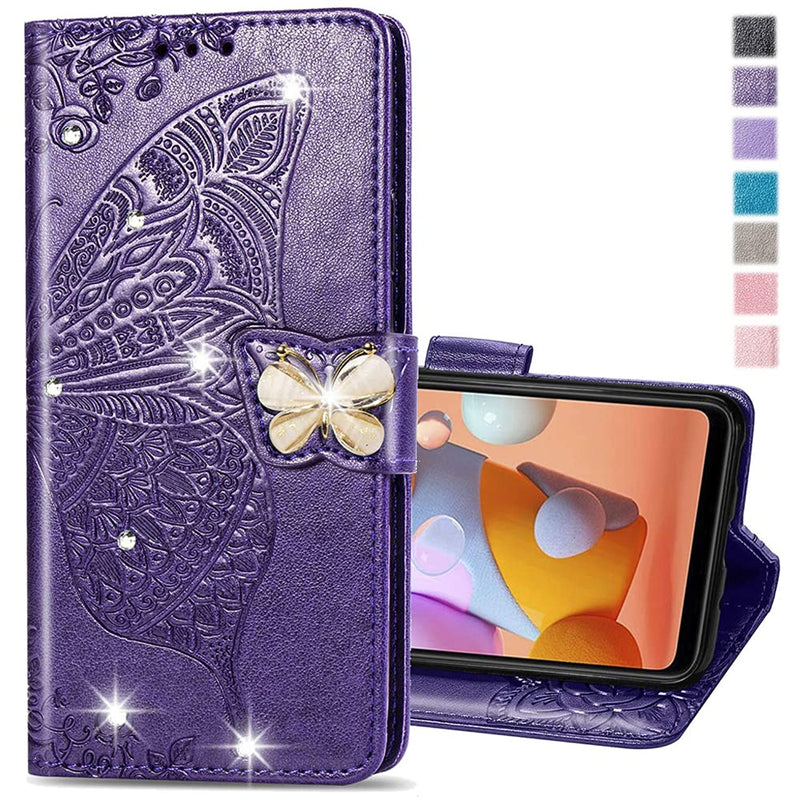 Cotdinfor Compatible With Oneplus 9 Case Glitter Bling With Card Holder And Stand Leather Flip Wallet Diamond Butterfly Shockproof Protective Case For Oneplus 9 Crystal Purple