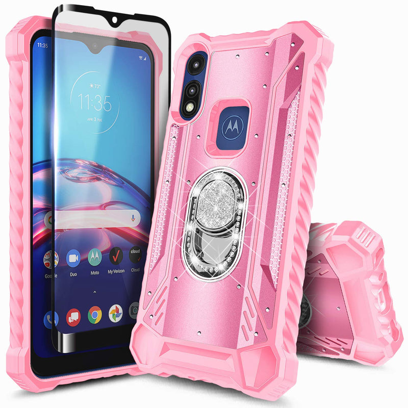 Case For Motorola Moto E 2020 With Tempered Glass Screen Protector Full Coverage Aluminum Magnetic Metal Built In Diamond Ring Stand Full Body Protective Shockproof Case Pink