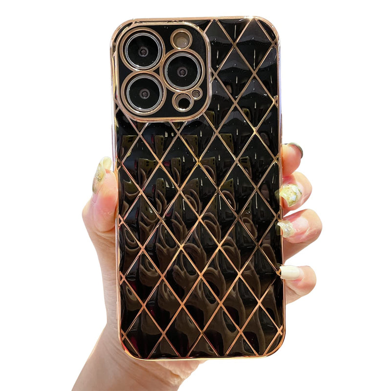 Lcenbk Plating Lattice Design Phone Case For Iphone 13 Pro Max Cute Luxury Plated Gold Glossy Cover For Women Girls Men Boys Geometric Pattern Art Slim Shockproof Tpu Soft Case 6 7 Inch Black