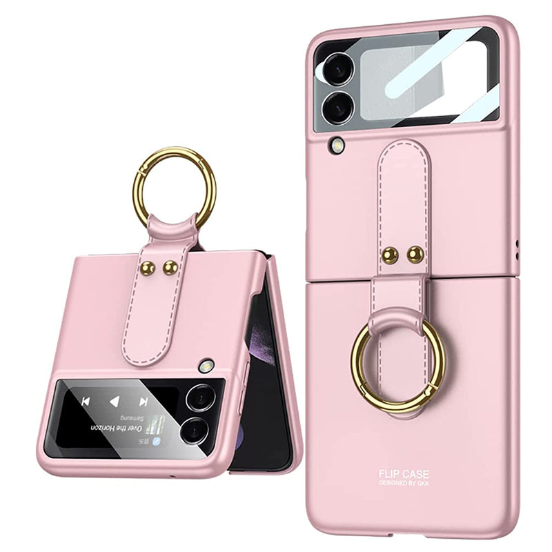 Design For Samsung Z Flip 3 5G Case Ultra Thin Samsung Galaxy Z Flip 3 Case With Ring Matte Hard Pc Protective Cover For Samsung Z Flip 3 5G With Hybrid Glass Back Camera Lens Protector Pink