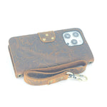Jjnusa Compatible With Iphone 13 Pro Max Handmade Genuine Distressed Leather Wallet Case Flip Cover With Wristlet Brown