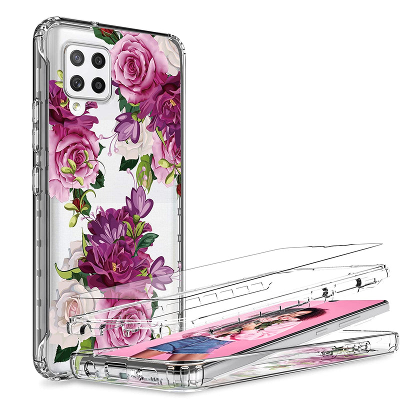 For Samsung Galaxy A42 5G Case With Screen Protector Galaxy A42 5G Case Floral For Women Girl Shockproof Protective A42 5G Phone Case Purple Floral
