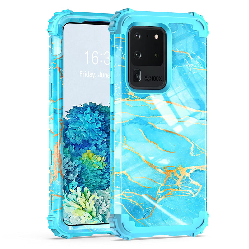 Galaxy S20 Ultra Case Floral Three Layer Heavy Duty Hybrid Sturdy Shockproof Full Body Protective Cover Case For Samsung Galaxy S20 Ultra 6 9 Inch Blue Marble