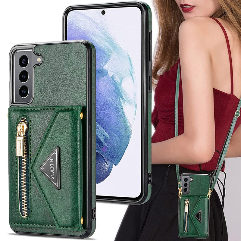 Kudex For Galaxy S22 Case Wallet For Women Removable Adjustable Shoulder Strap Crossbody Flip Leather Slim Back Zipper Purse Case With Card Slot Holder Stand For Samsung Galaxy S22 6 1Green