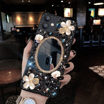 Cavdycidy Iphone 13 Pro Max Bling Case Mirror Inlaid Bling Black Gemstone Makeup Mirror Shiny Luxury Flower Diamond For Women Girlblack