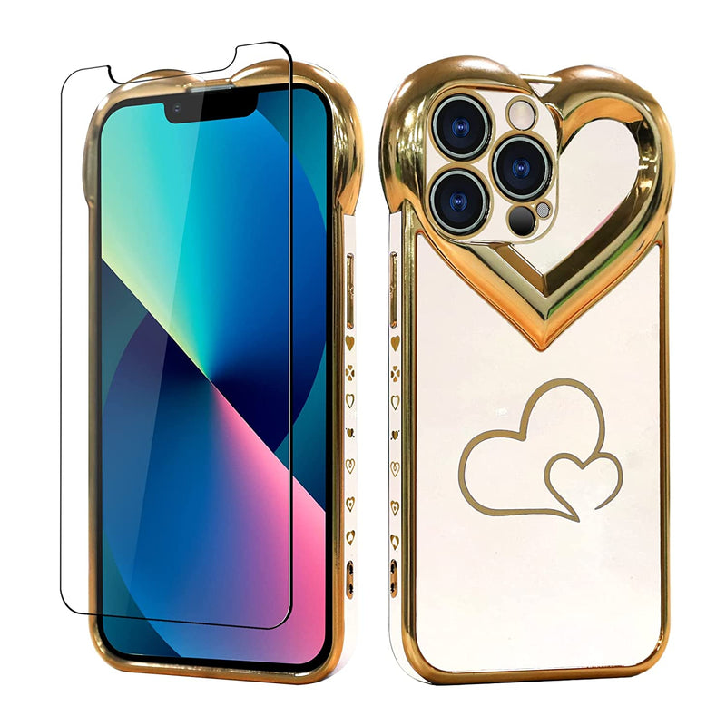 Ziye Compatible With Iphone 13 Pro Max Case Glitter Cute Luxury Plating 3D Love Heart Phone Case Screen Protectior Soft Tpu Protection Cover Designed For Iphone 13 Pro Max Women Girly White