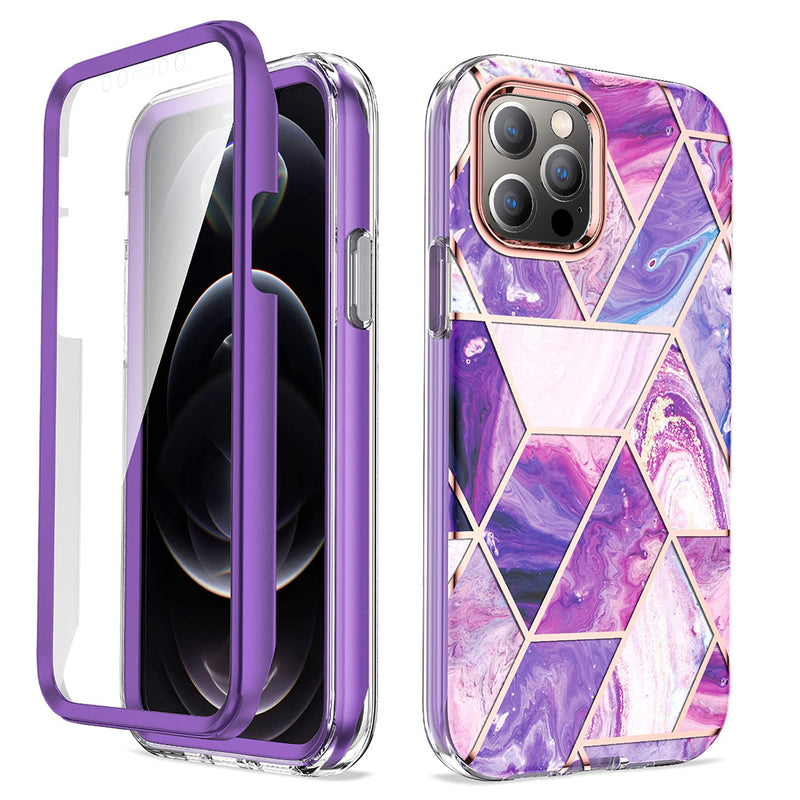 Jmart Marble Glitter Designed For Iphone 12 Pro Max Case With Built In Screen Protector Shockproof Protective Dual Layer Hybrid Bumper Sparkle Phone Cover Case 5G 6 7 Inch 2020 Purple