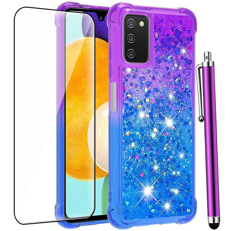 Caiyunl For Samsung Galaxy A03S Case With Tempered Glass Screen Protector Glitter Bling Flowing Liquid Sparkle Girls Women Clear Soft Tpu Cute Protective Phone Case For Samsung Galaxy A03S Purple Blue