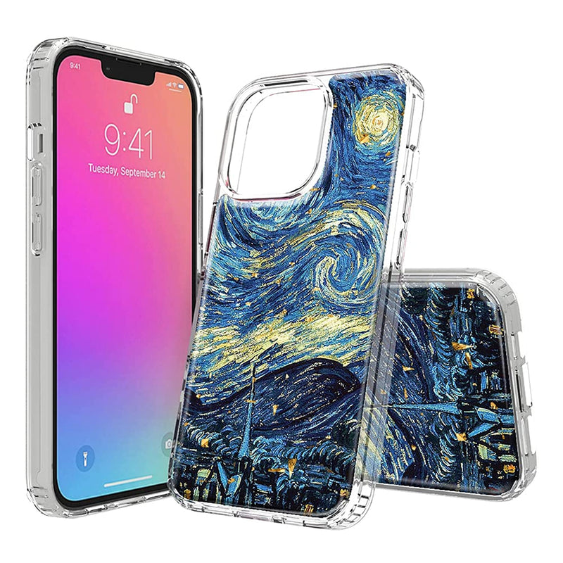 Ceeslian Compatible With Iphone 13 Pro Max Case Transparent Bling Case Tpu Bumper Hard Pc Back Shockproof Art Painted Glossy Clear Shiny Case Starry Night