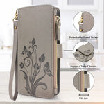 Lacass Cards Theft Scan Protection 10 Card Slots Holder Zipper Pocket Wallet Case Flip Leather Cover Wrist Strap Stand Carrying Pouch For Samsung Galaxy A03S Floral Gray