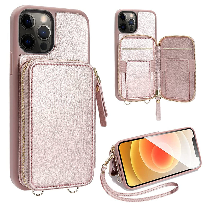 Zve Wallet Case Compatible With Iphone 12 Pro Iphone 12 6 1 Inch Zipper Case With Card Holder Slot Wrist Strap Leather Protective Purse Case For Iphone 12 And Iphone 12 Pro 2020 Rose Gold