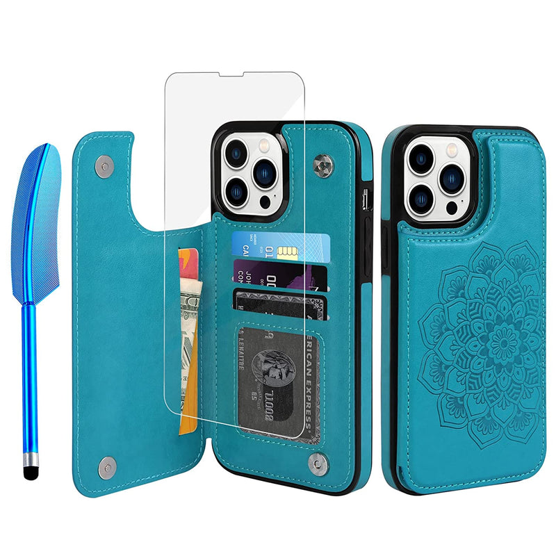 Compatible With Iphone 13 Pro Max Flip Case Wallet Case Embossed Mandala Slim Folio Leather Cover Shockproof Card Holder Case With Pen And Tempered Film Designed For Iphone 13 Pro Max 6 7 Blue