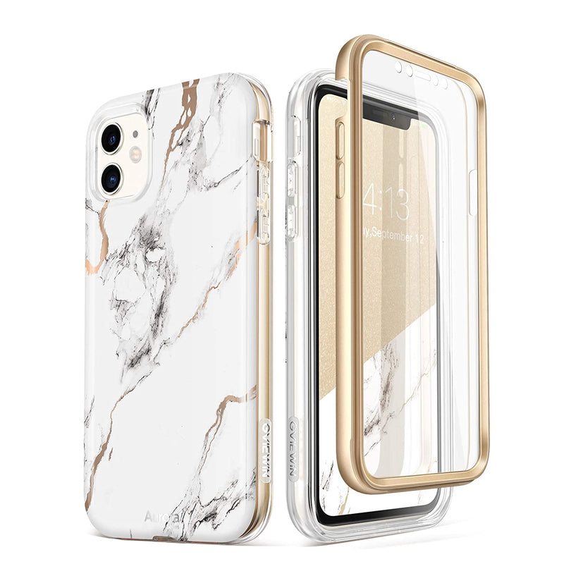 Designed For Iphone 11 Case 6 1 Inch 2019 Release Built In Screen Protector Full Body Protection Stylish Marble Shockproof Protective Phone Case Slim Thin Cover White Gold