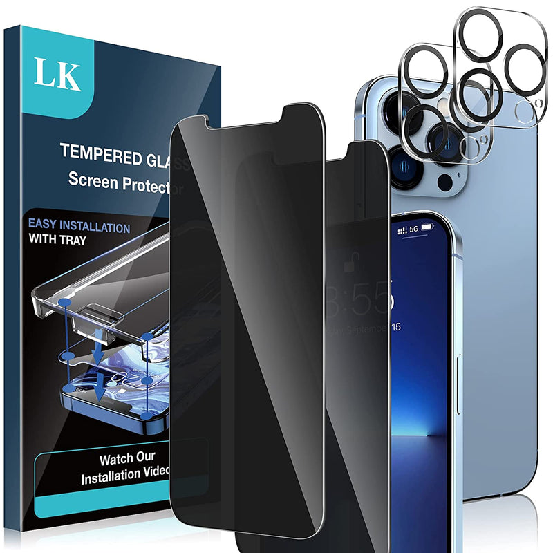 2 2 Pack Lk 2 Pack Privacy Screen Protector Compatible With Iphone 13 Pro Max 6 7 Inch Anti Spy Tempered Glass Film And 2 Pack Camera Lens Protector Easy Frame Installation Scratch Resistant