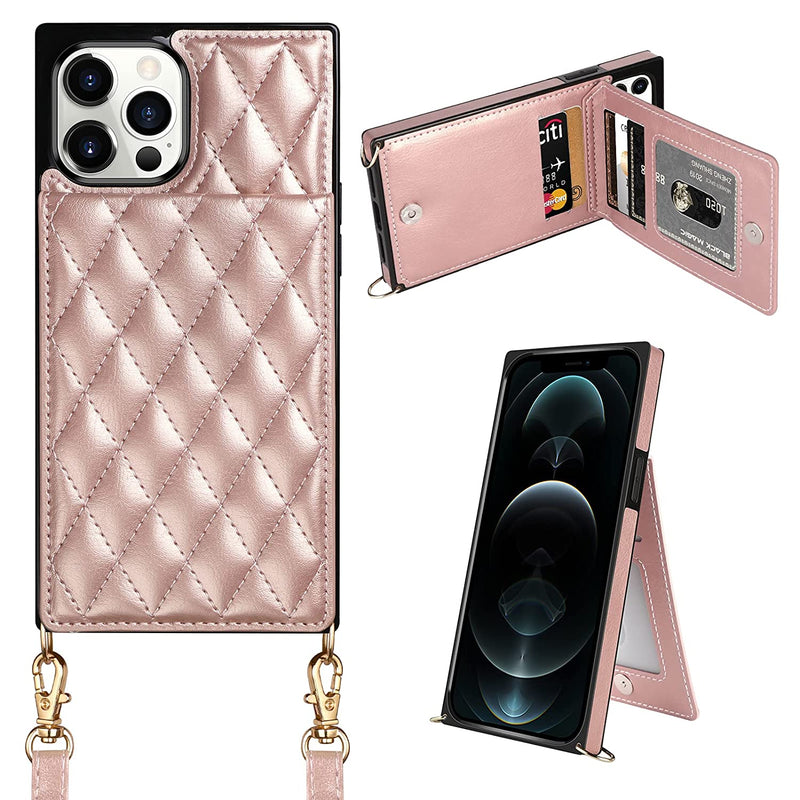 For Iphone 12 Pro Max Case Wallet Quilted Leather Women Luxury Phone Cover Crossbody Strap Kickstand Slim Square Armor Card Holder Slots Case For Iphone 12 Max Pro 6 7 Inch Rose Gold