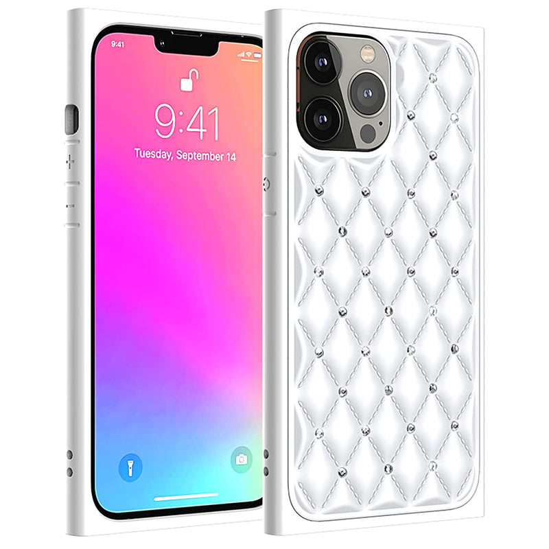 Square Case Compatible With Iphone 12 12 Pro Cute Glitter Sparkle Diamond Grid Pattern Design For Girls Women Girly Luxury Retro Shockproof Edge Bumper Soft Pu Leather Phone Case Cover White