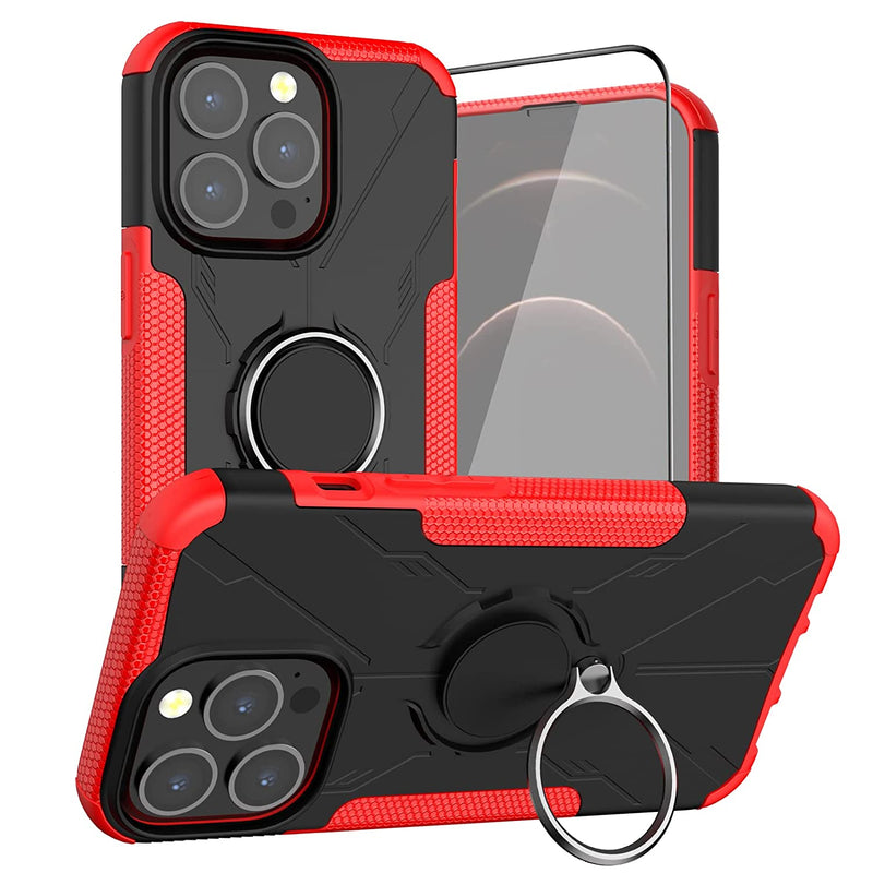 Hikerclub Armor Case For Iphone 13 Pro Max Case Tough Double Layer Hard Pc Back Soft Silicone Bumper Shockproof Case With 360 Rotatable Ring Holder Magnetic Kickstand Red