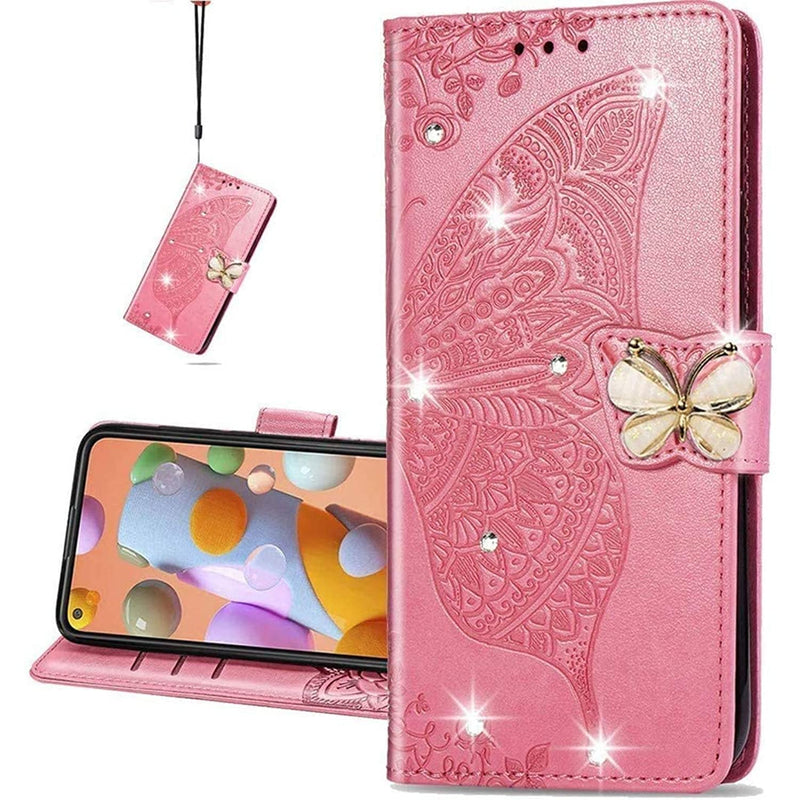 Isadenser Compatible With Samsung Galaxy S21 Fe 5G Case Handmade Diamonds Glitter Butterfly Design Flip Pu Leather Wallet Stand Card Slot Cover For Samsung Galaxy S21 Fe 5G Crystal Butterfly Pink Xd