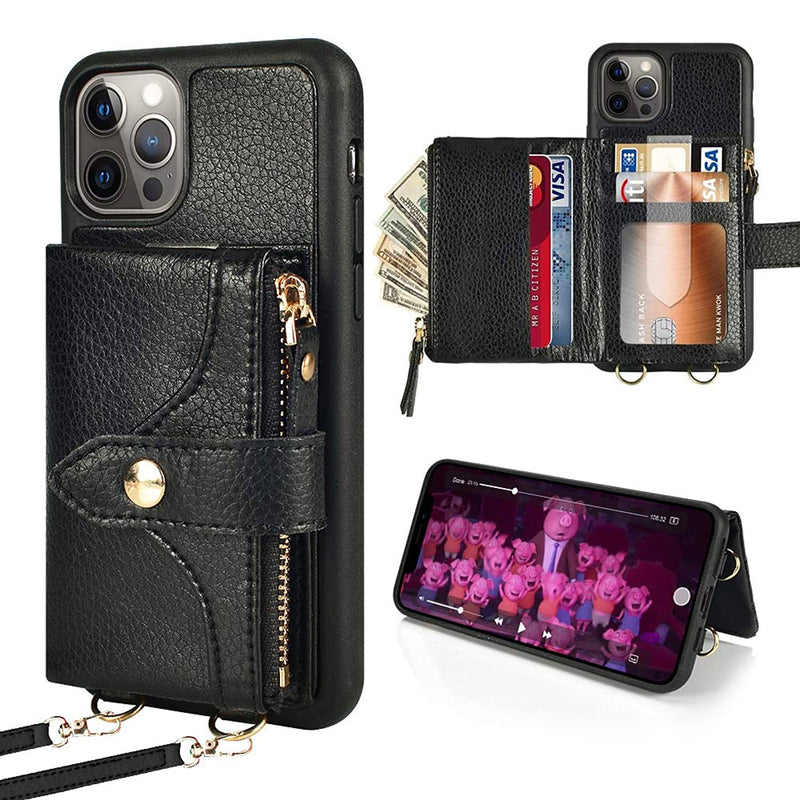 Lameeku Wallet Case Compatible With Iphone 13 Pro Crossbody Wallet Case For Women Zipper Wallet Case Rfid Protection Case Compatible With Iphone 13 Pro 6 1 Inch Black