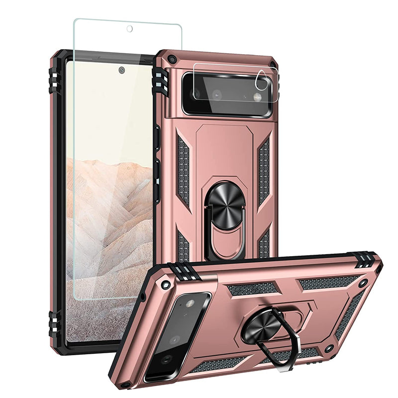 Jusy Case For Google Pixel 6 With Ring Holder Kickstand And Metal Plate For Car Mount With 1 Sreen Protector 1 Camera Protector Double Layer Protection Google Pixel 6 For Women Rose Gold