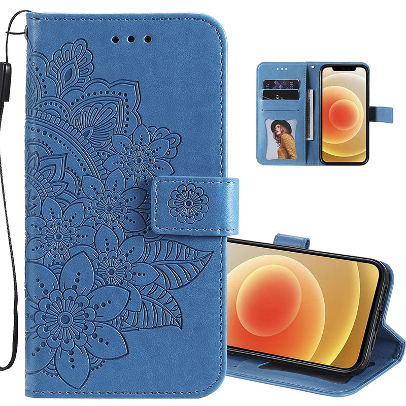 Ysnzaq 3D 7 Petal Mandala Flower Embossed Tpu Leather Flip Case With Card Holder Magnetic Slot Lanyard Wallet Phone Cover For Samsung Galaxy A03S Not A03 Qbh Blue