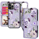 Hoggu Iphone 13 Pro Max Wallet Case Magnetic Detachable Iphone 13 Pro Max Case Wallet With Rfid Blocking Card Holder Hand Strap Floral Flower Pu Leather Flip Cover Case For Women Girls Purple