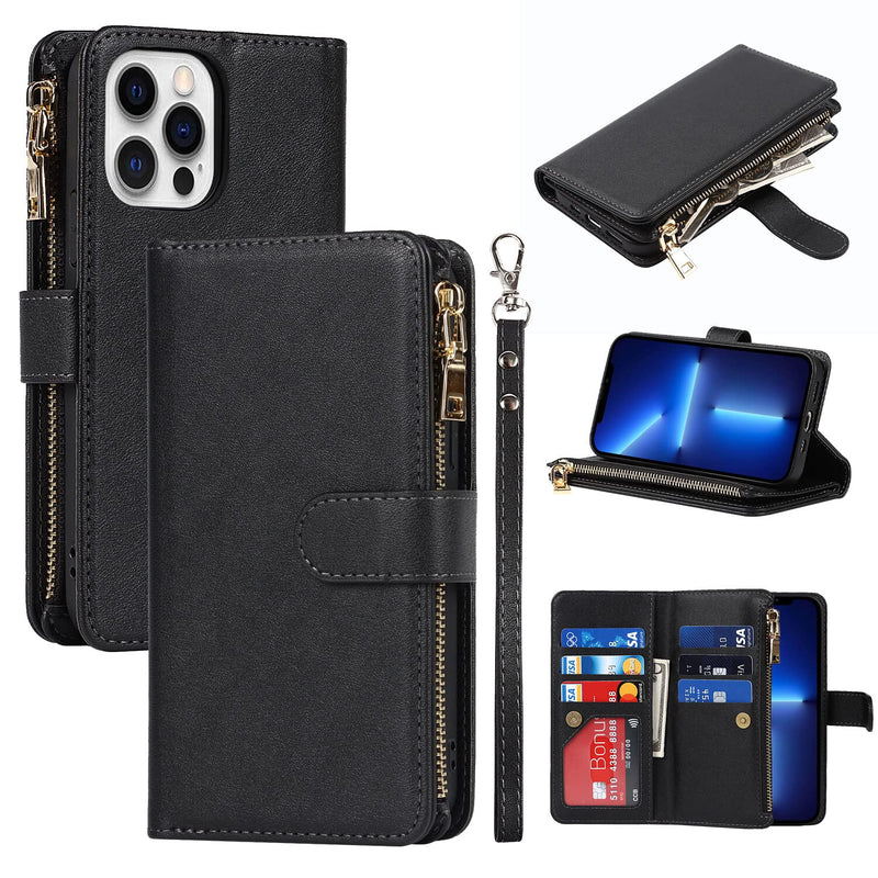 Yuhii Iphone 13 Pro Max 6 7 Zipper Wallet Case Case With 6 Card Holder Lanyard Kickstand For Women And Men Iphone 13 Pro Max Flip Cell Phone Case Faux Leather Folio Cover Black