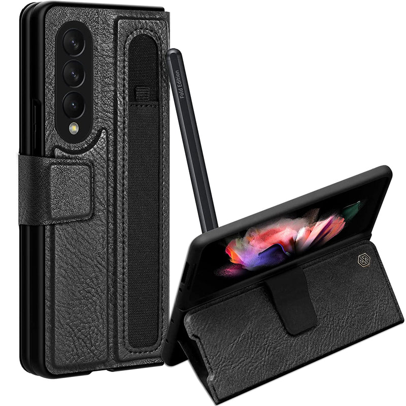 Erhu For Samsung Galaxy Z Fold 3 Case Kickstand S Pen Pocket Design Luxury Leather Shockproof Full Protective Cover For Galaxy Z Fold 3 5G 2021 Black