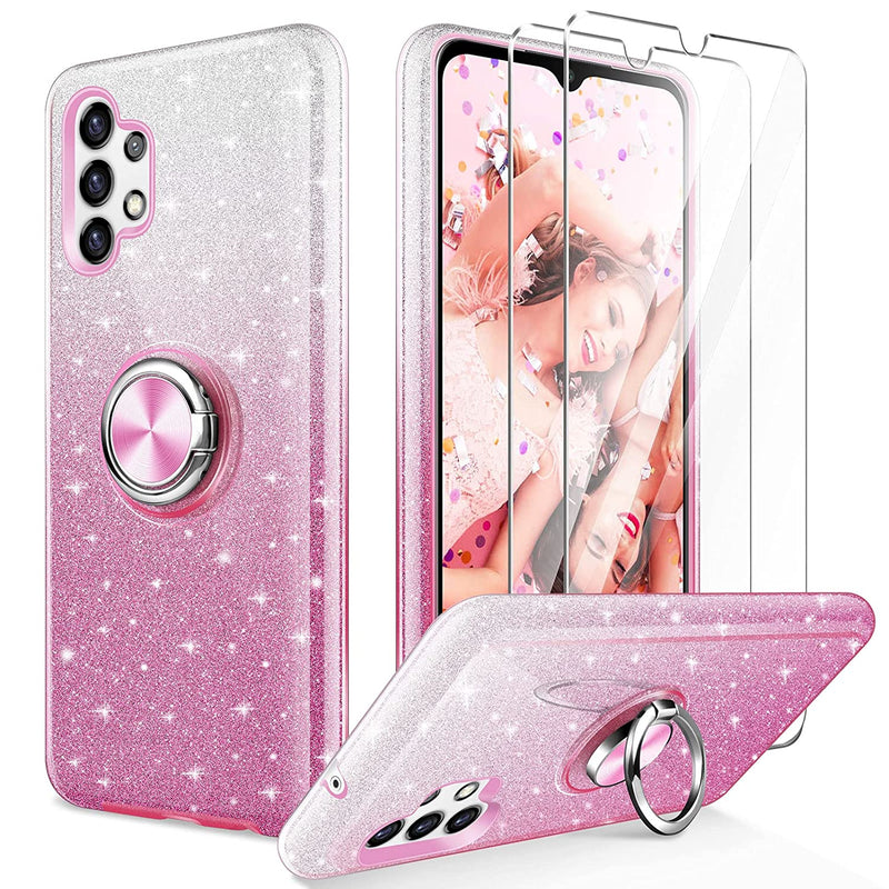 Galaxy A32 5G Case With 2 Pack Screen Protector Crystal Clear Glitter Sparkly Bling Pink Protective Cover With Kickstand For Women Girls Slim Shockproof Case For Samsung A32 5G Pink