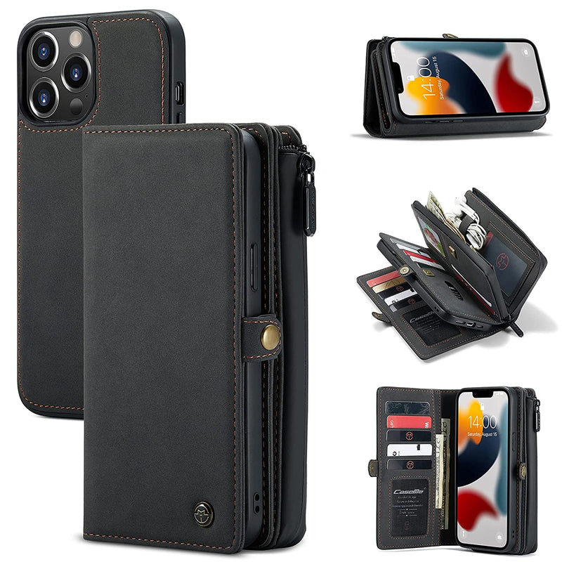 Caseme Wallet Case Compatible With Iphone 13 Pro Max Durable Pu Leather Magnetic Detachable Zipper Pouch Pocket Flip Phone Case For Iphone 13 Pro Max Case With Card Holder For Women Men 6 7 Black