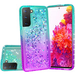 Compatible For Samsung Galaxy S21 5G Case With Tempered Glass Screen Protector Soga Diamond Liquid Quicksand Cover Cute Girl Women Phone Case Teal Purple