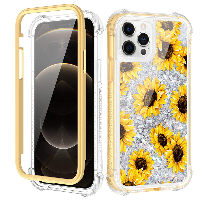 Glitter Case For Iphone 12 Pro Max Case Sunflower Glitter Liquid Full Body Case With Screen Protector For Girls Women Girly Protective Case For Iphone 12 Pro Max 6 7 Inches Sunflower