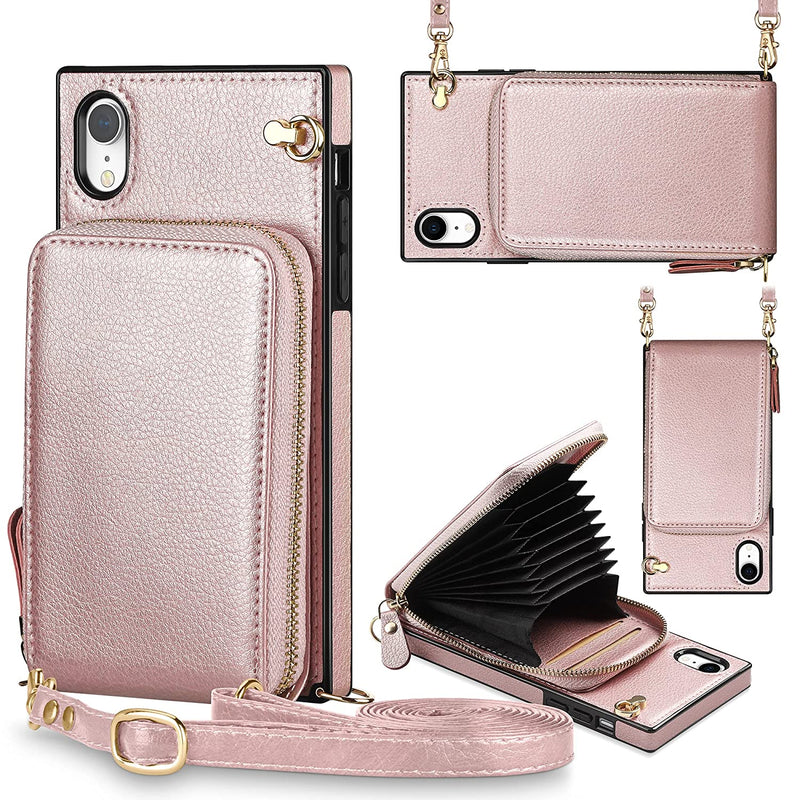 For Iphone Xr Case Iphone 10R Case Wallet Zipper Leather Case With Card Holder Slots Protective Cover With Lanyard Case Compatible With Iphone Xr Iphone 10R 6 1 Inch Rose Gold
