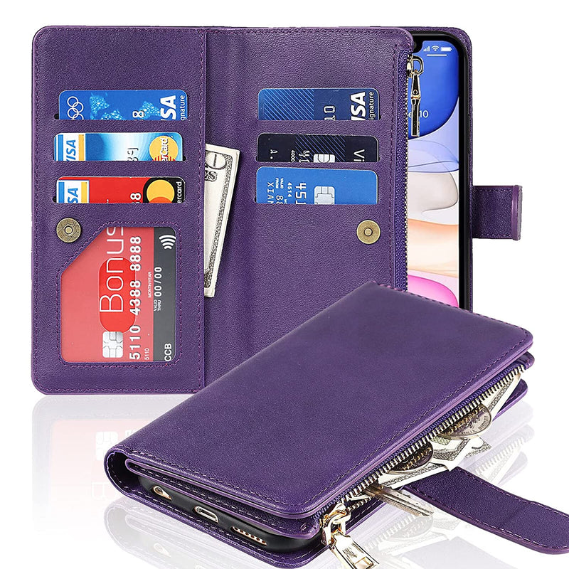 Havaya For Iphone 13 9 Card Holder Zipper Wallet Case Rfid Blocking Purple