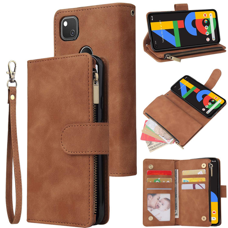 Lbyzcase Phone Case For Pixel 4A Pixel 4A Wallet Case Luxury Folio Flip Pu Leather Coverzipper Pocketmagnetic Closurewrist Strapkickstand For Google Pixel 4A Brown