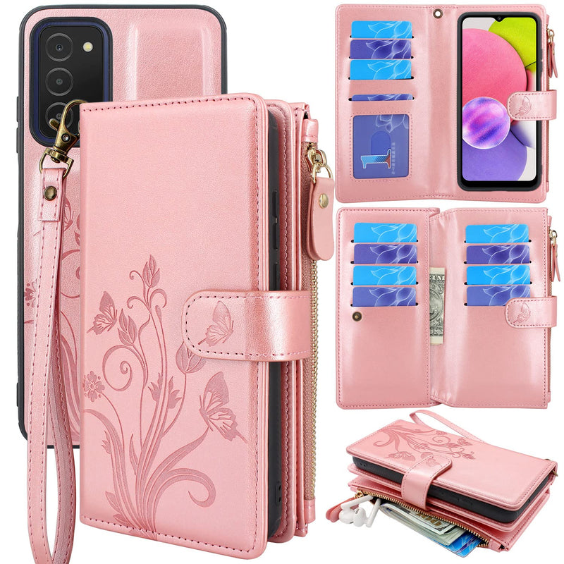 Lacass Compatible With Samsung Galaxy A03S Case 12 Card Slots Id Credit Cash Holder Zipper Pocket Detachable Magnet Leather Wallet Cover With Wrist Strap Lanyardbutterfly Rose Gold