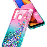 E Began Case For Samsung Galaxy A21 With Tempered Glass Screen Protector Glitter Flowing Liquid Floating Quicksand Sparkling Bling Diamond Girls Kids Women Cute Case Cover Pink Aqua