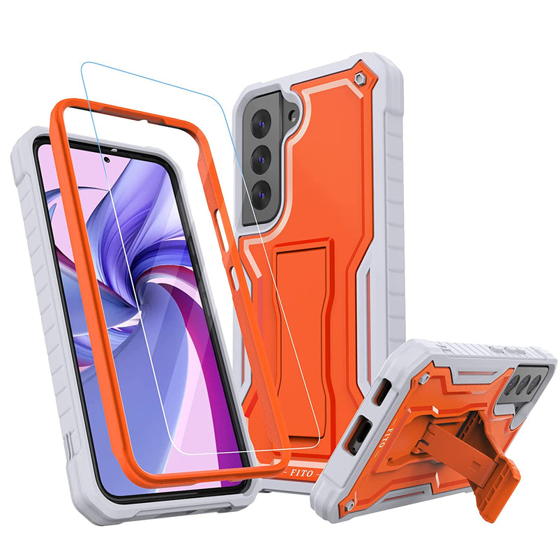 Fito For Samsung Galaxy S22 Case Dual Layer Shockproof Heavy Duty Case For Samsung S22 5G Phone With Screen Protector Built In Kickstand Orange