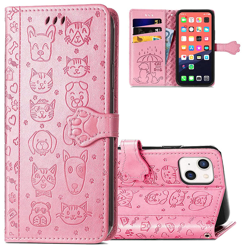 Monwutong Wallet Phone Case For Iphone 13 Not Fit Iphone 13 Pro Cartoon Cat Dog Pattern Pu Leather Case With Magnetic Clasp And Cash Card Slots Holder Cover For Iphone 13 6 1 Cd Pink
