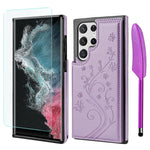Compatible With 2022 Samsung Galaxy S22 Ultra 5G Flip Case Wallet Case Embossed Butterfly Flower Shockproof Leather Case With Pen And Tempered Film Designed For Galaxy S22 Ultra 6 8 Purple