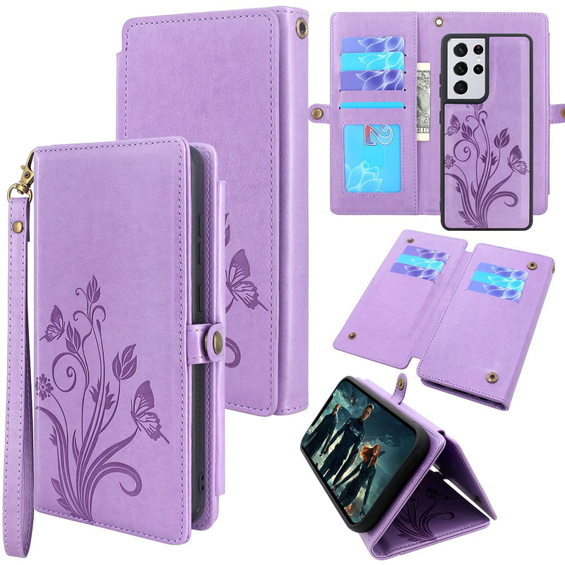 Lacass Compatible With Samsung Galaxy S21 Ultra Case 10 Card Slots Id Credit Cash Holder Detachable Magnetic Leather Wallet Phone Cover Kickstand Wrist Strap Lanyard Butterfly Light Purple