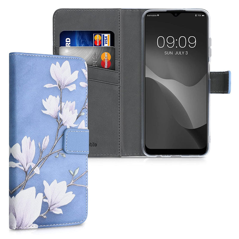 Kwmobile Wallet Case Compatible With Samsung Galaxy A03S Case Faux Leather Cover Magnolias Taupe White Blue Grey