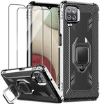 Imbzbk Shockproof Designed For Samsung Galaxy A12 Case With 2 Pcs Tempered Glass Screen Protector Military Grade Protection Heavy Duty Phone Case Cover With 360 Ring Kickstand For Samsung A12 Black