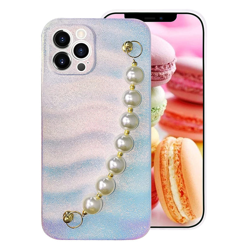 Omorro Compatible With Cute Iphone 13 Pro Max Case For Women Girls Bling Iridescent Laser Design Luxury Pearl Hand Strap Wrist Bracelet Chain Soft Tpu Slim Protective Cover Girly Case White